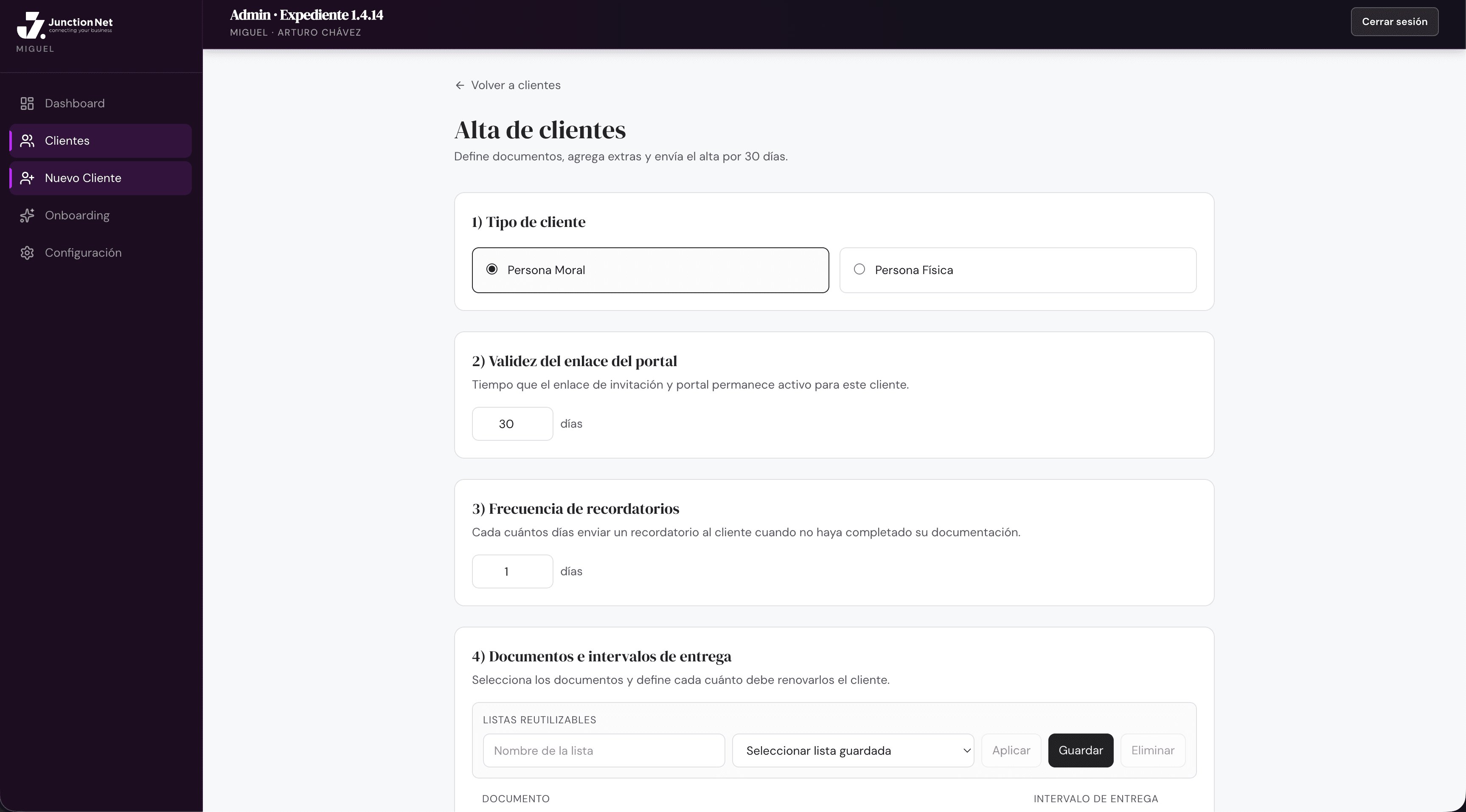 Alta de clientes — configuración de documentos y frecuencia de renovación