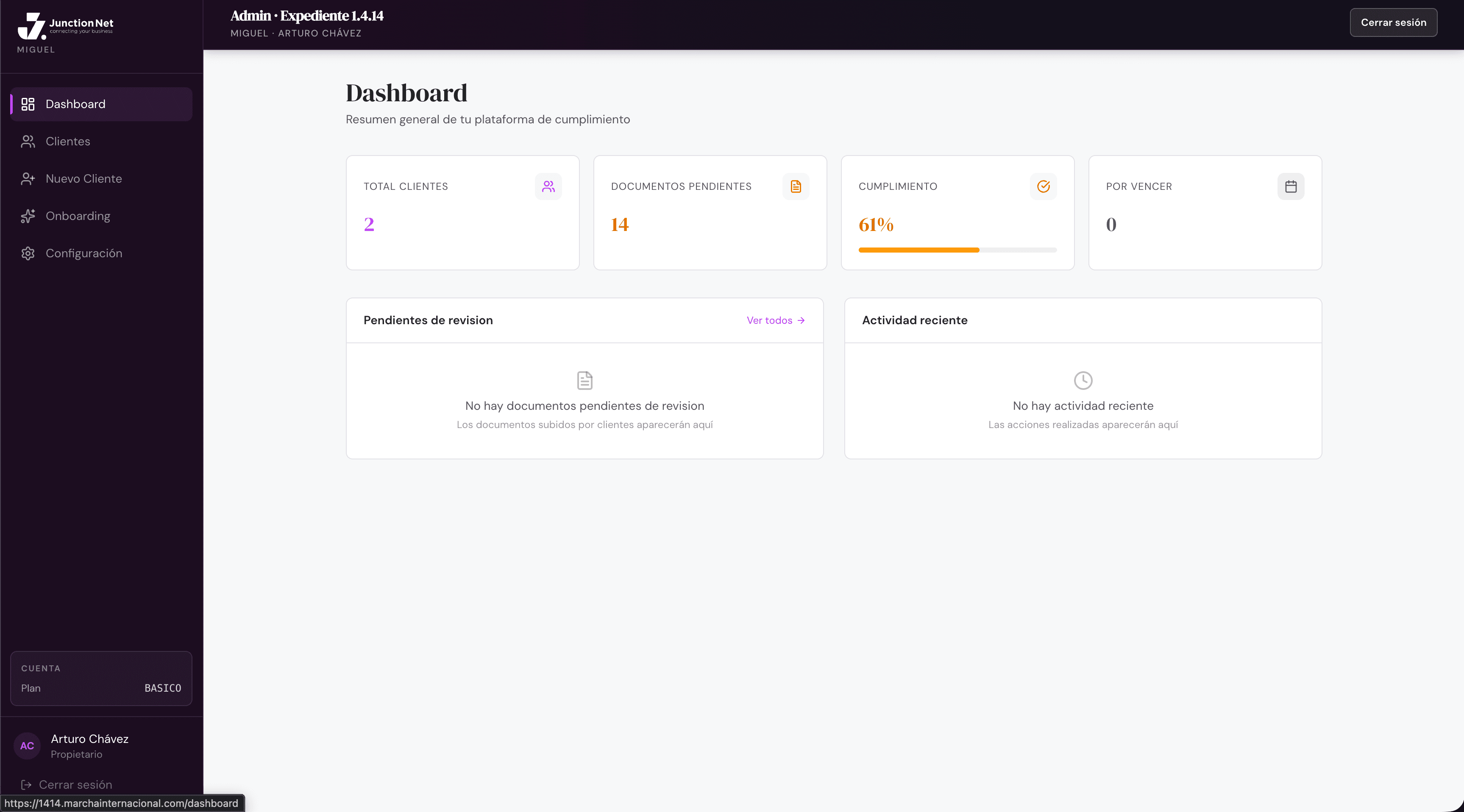 Dashboard de la Plataforma 1414 — control de expedientes y cumplimiento